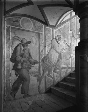 Fresken der Narrentreppe — Pantalone reitet auf einem Esel die Treppe zum Arzt empor