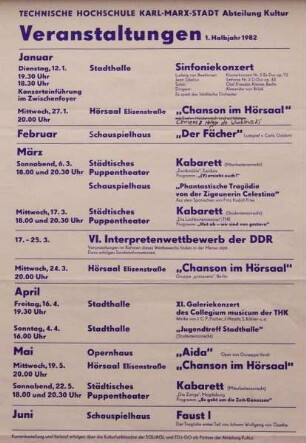 "Veranstaltung der Abteilung Kultur der TH Karl-Marx-Stadt, 1.Halbjahr 1982" vom 12.01.-22.05.1982