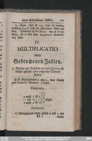 IV. Multiplicatio derer Gebrochenen Zahlen.