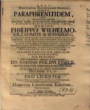 Disputatio Inauguralis Medica, Exhibens Paraphrenitidem