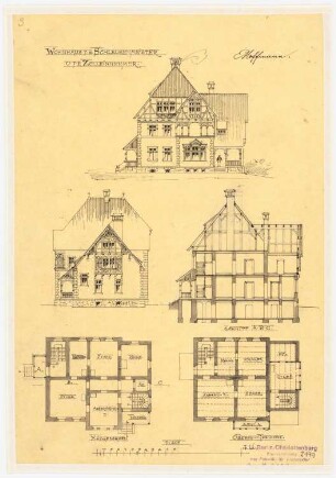 Wohnhaus für einen Schleusenmeister und einen Zolleinnehmer: 2 Ansichten, Schnitt, Grundrisse, 1:200