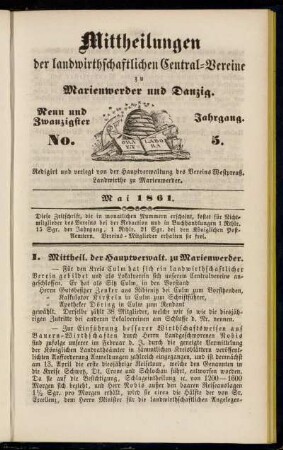 Neun und Zwanzigster Jahrgang. No. 5. Mai 1861.