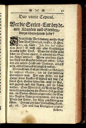 Das vierte Capitul. Wer die Seelen-Cur bey denen Kranken und Sterbenden zu übernehmen habe?