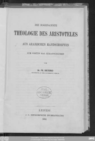 Die sogenannte Theologie des Aristoteles : aus arabischen Handschriften zum ersten Mal hrsg.