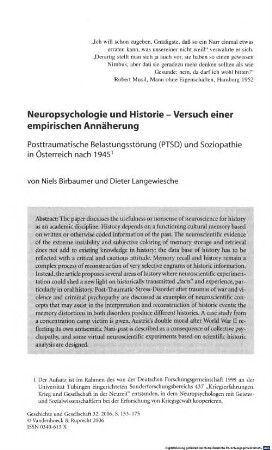 Neuropsychologie und Historie, Versuch einer empirischen Annäherung : posttraumatische Belastungsstörung (PTSD) und Soziopathie in Österreich nach 1945