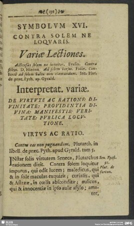 Symbolum XVI. Contra Solem Ne Loquaris