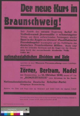 Plakat der NSDAP zu einer öffentlichen Parteikundgebung am 16. Oktober 1930 nach der Regierungsbildung im Freistaat Braunschweig (am 1. Oktober 1930)