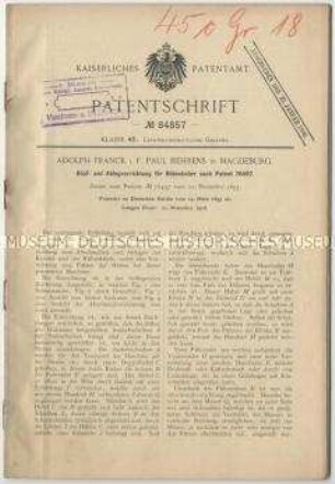 Patentschrift einer Köpf- und Ablegevorrichtung für Rübenheber nach Patent-Nr. 76497, Patent-Nr. 84857