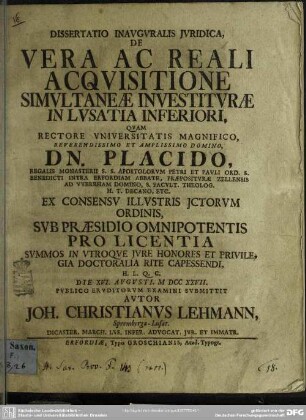 Dissertatio Inauguralis Iuridica, De Vera Aquisitione Simultanea Investiturae In Lusatia Inferiori