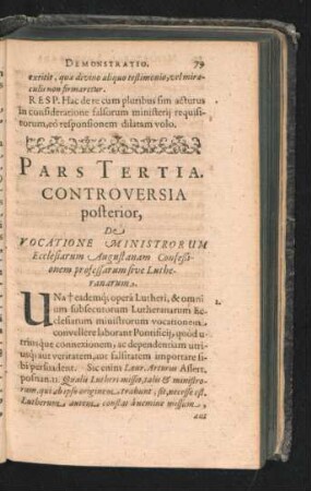 Pars Tertia. Controversia posterior. De Vocatione Ministrorum Ecclesiarum Augustanam Confessionem professarum sive Lutheranarum.
