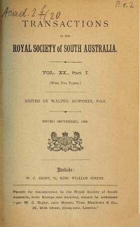 Transactions of the Royal Society of South Australia : incorporating the Records of the South Australian Museum. 20. 1895/96