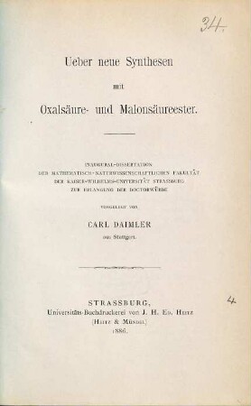 Ueber neue Synthesen mit Oxalsäure- und Malonsäureester