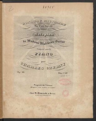 Rondeau Militaire Sur l'air favori Rataplan de Madame Malibran-Beriot : Op: 415.