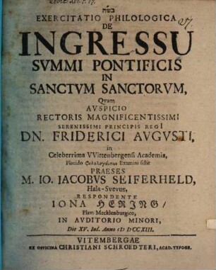 Exercitatio philol. de ingressu summi pontificis in sanctum sanctorum
