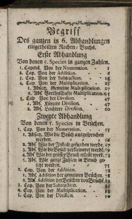 Begriff Des ganzen in 6. Abhandlungen eingetheilten Rechen-Buchs.