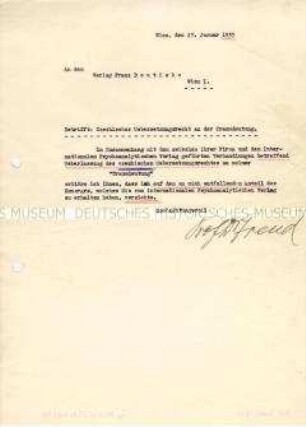 Handsignierter Brief von Sigmund Freud an seinen Verleger bezüglich des Honorars für die Übersetzung der "Traumdeutung" ins Tschechische