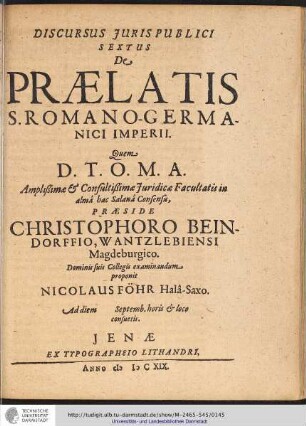 DISCURSUS JURIS PUBLICI SEXTUS De PRÆLATIS S. ROMANO-GERMANICI IMPERII.