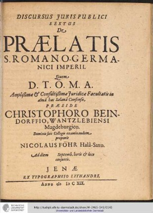 DISCURSUS JURIS PUBLICI SEXTUS De PRÆLATIS S. ROMANO-GERMANICI IMPERII.