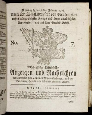 No. 7. Montags, den 16ten Februar 1778.