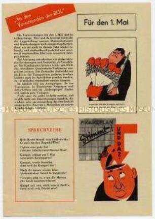 Anleitung für Gewerkschaftsfunktionäre mit Propagandalosungen und Karikaturen zum 1. Mai