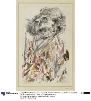 Aufblickender bärtiger Kopf, darunter Pinselstriche. Studie zur Gouache "Wer steckt da oben" (Tschudi 617)
