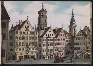 'Am Marktplatze in Stuttgart' im Hintergrund die Stiftskirche; Aquarell