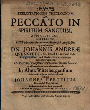 Exercitationem Theologicam De Peccato In Spiritum Sanctum