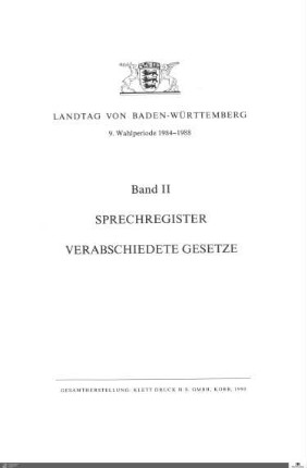 12: Landtag Baden-Württemberg, Sprechregister und Gesetzesübersicht, 1984-1988