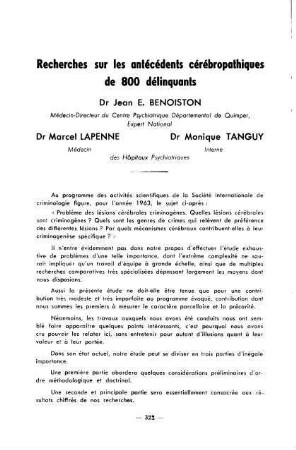 322-395, Recherches sur les antécédents cérébropathique de 800 délinquants