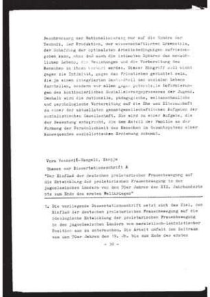 Der Einfluß der deutschen proletarischen Frauenbewegung auf die Entwicklung der proletarischen Frauenbewegung in den jugoslawischen Ländern von den 70er Jahren des XIX. Jahrhunderts bis zum Ende des ersten Weltkrieges : Thesen zur Dissertation A