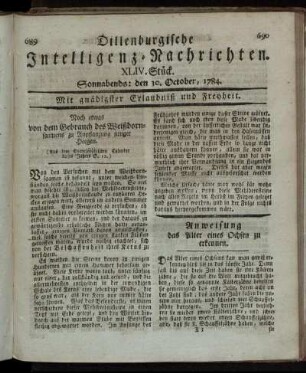 XLIV. Stück. Sonnabends: den 30. October, 1784.