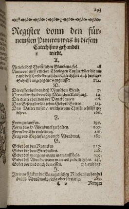 Register vonn den fürnemsten Puncten was in diesem Catechismo gehandelt wirdt.
