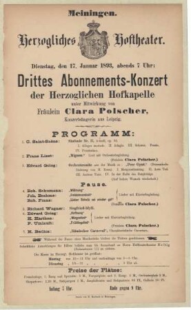 Theaterzettel "Drittes Abonnements-Konzert der Herzoglichen Hofkapelle" in der Spielzeit 1892/93 des Herzoglichen Hoftheaters in Meiningen.