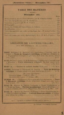 Table des matières. Décembre 1885.
