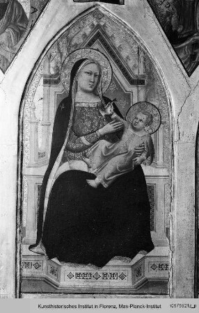 Triptychon : Mittelteil und Seitentafeln: Maria mit Kind und den Tugenden Fides und Caritas