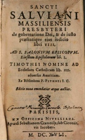 De gubernatione Dei ... libri VIII
