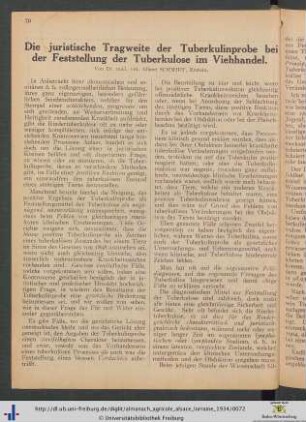 Die juristische Tragweite der Tuberkulinprobe bei der Feststellung der Tuberkulose im Viehhandel.