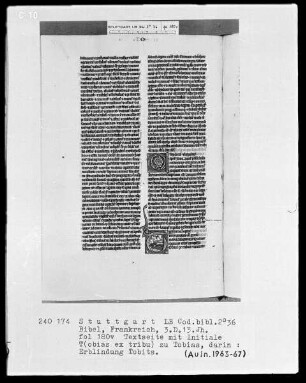 Bibel — Initiale T (obias ex tribu), darin die Erblindung Tobits, Folio 180verso
