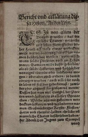 Bericht und erklärung dieser Histori / An den Leser.