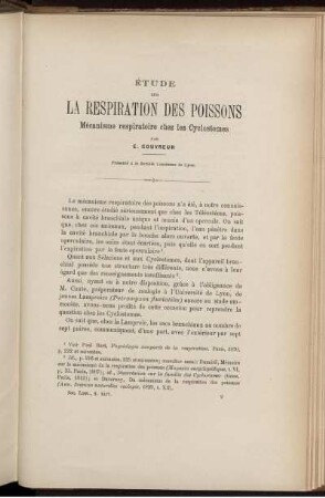 Étude Sur La Respiration Des Poissons Mécanisme respiratoire chez les Cyclostomes