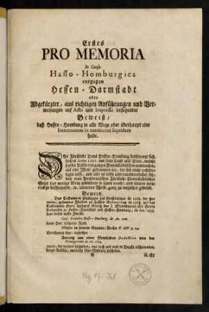 1-14, Titelblatt; Erstes Pro Memoria - Zweites Pro Memoria