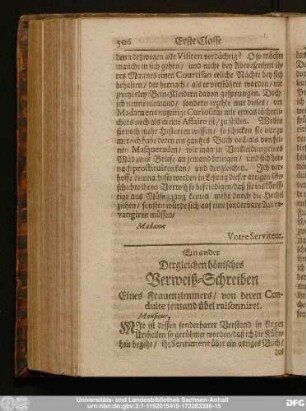 Ein ander Dergleichen hönisches Verweiß-Schreiben Eines Frauenzimmers, von deren Conduite jemand übel raisoniret.