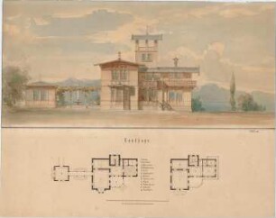 Voit, August von; Landhaus - Grundriss EG, Grundriss 1. OG, Ansicht