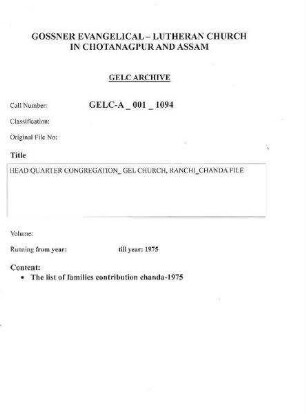 HEAD QUARTER CONGREGATION GEL CHURCH RANCHI CHANDA FILE