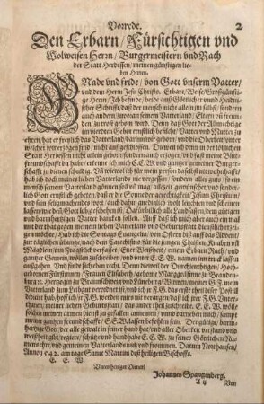 Vorrede. Den Erbarn / Fuersichtigen und Wolweisen Herrn / Burgermeistern und Rach der Statt Herdessen / meinen guenstigen lieben Herren.