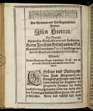 Der Erbaren und VielTugentsamen Frawen Ilsen Storren ...