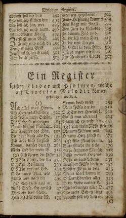Ein Register solcher Lieder und Psalmen, welche auf Einerley Melodie können gesungen werden.