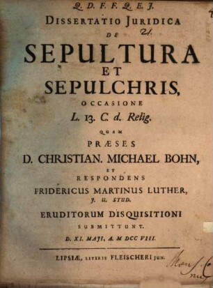 Diss. iur. de sepultura et sepulchris