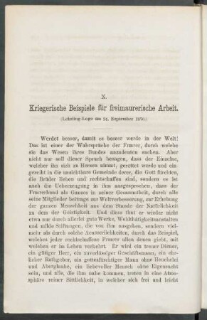 X. Kriegerische Beispiele für freimaurerische Arbeit. : (Lehrling-Loge am 24. September 1870.)