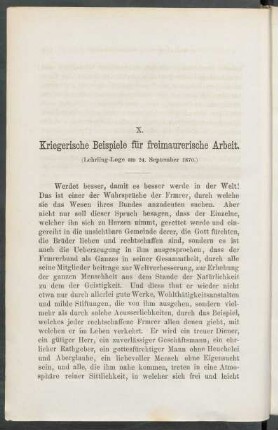 X. Kriegerische Beispiele für freimaurerische Arbeit. : (Lehrling-Loge am 24. September 1870.)